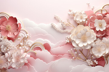 Gentle 3D background with flowers. Detailed flowers. Abstraction. Fantasy. Chinese style. Floral background with peonies. Gold details. Digital. Clouds