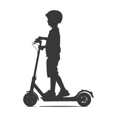 silhouette boy riding electric scooter full body black color only