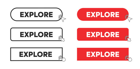 Fototapeta premium Explore Web Button in Red Rectangle and outline style. Computer mouse click cursor or arrow pointer symbol