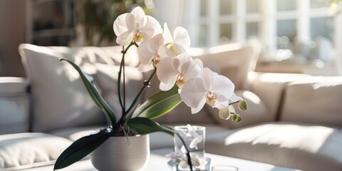 Obraz na płótnie Canvas beautiful orchid pot in luxury hotel home interior decoration, ai