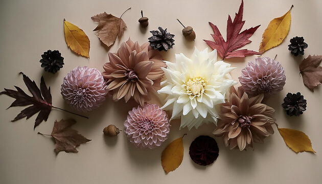Disposizione "flat lay" di fiori autunnali come crisantemi, dalie e foglie di acero su uno sfondo beige.
