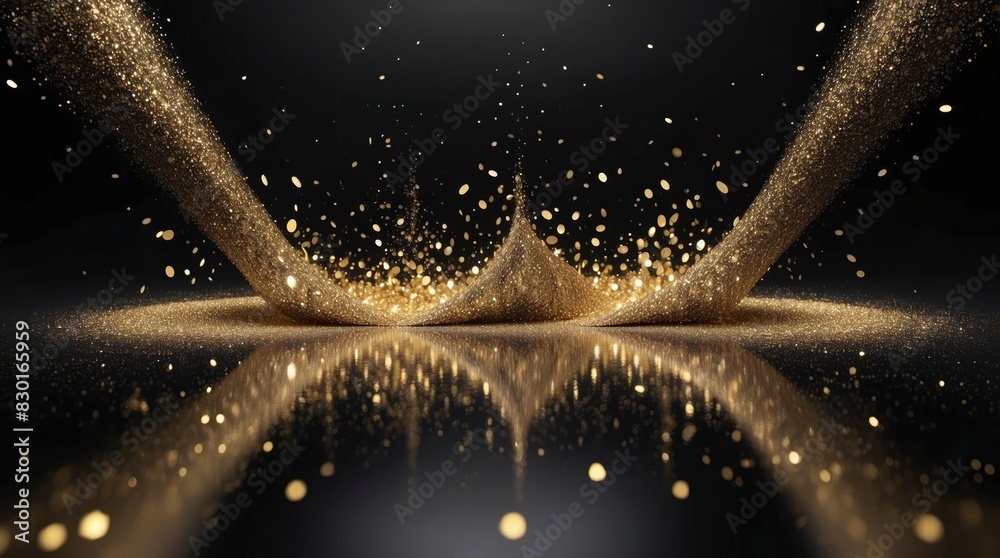 Sticker sophisticated black background illuminated by golden particles and glitter, creating an aura of shim