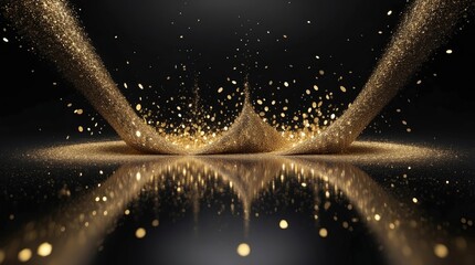 Sophisticated black background illuminated by golden particles and glitter, creating an aura of shimmering luxury