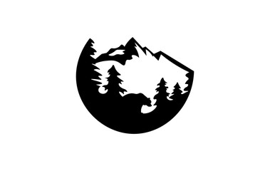 Vector illustration of a logo with a silhouette of a forest and a bear on a background of mountains