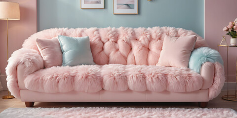 A cozy pastel living room with a plush, cloud-shaped sofa and a fluffy pastel rug.