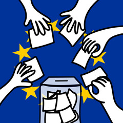 Oddawanie głosów do urny w wyborach do europarlamentu. Flaga Unii Europejskiej © Magdalena