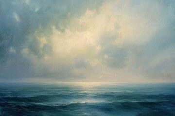 Obraz premium A painting of a cloudy sky with a calm ocean
