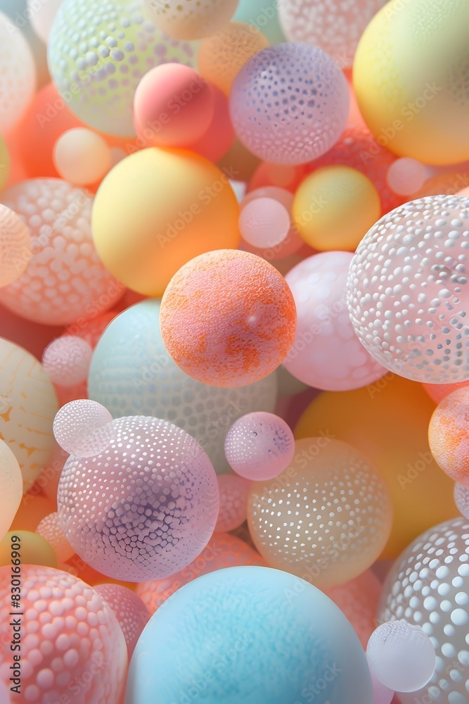 Poster a pile of pastelcolored spheres, each with its own unique texture and pattern, floating in the air, 