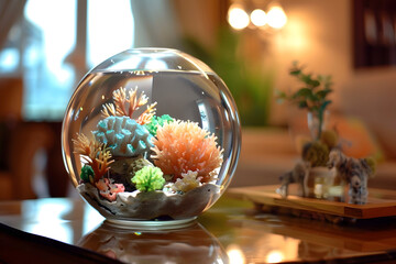 Glass bowl filled with plants resting on a table - Powered by Adobe