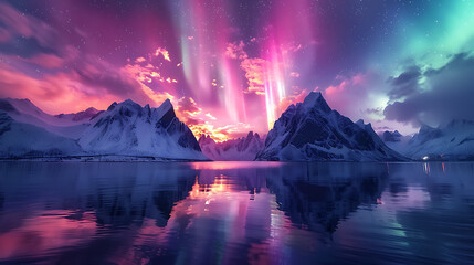 aweinspiring image of Northern Lights reflecting tranquil water of fjord Norway snowcapped mountain towering background ethereal dance of light color Arctic sky creates magical atmosphere enchanting o