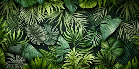 Hand-drawn tropical forest wallpaper with monstera and palm leaves pattern. Concept Art, Hand-drawn, Tropical, Forest, Wallpaper