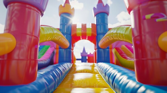 Top view of an inflatable jumpy house castle.

