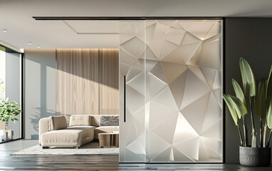 Sleek modern glass door with frosted geometric patterns, seamlessly blending into a minimalist living room. The light filtering through creates a serene and elegant ambiance.