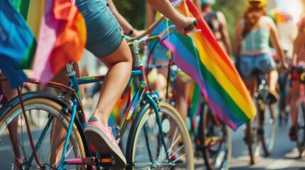 Participants ride bicycles adorned with rainbow flags during a vibrant Pride parade, celebrating LGBTQ rights and community.