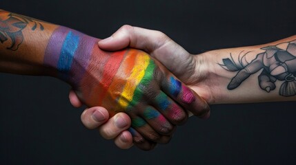 Close-up of a handshake between two people, one with rainbow-painted hand and the other with tattoos, symbolizing unity and diversity.