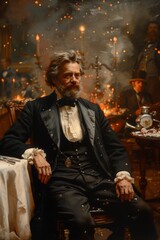 Portrait of a gentleman man in an antique suit. The photo belongs to the Victorian era. US Independence Day