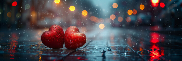 Red hearts with happy valentine's day, visually poetic, light orange and dark brown, bokeh panorama