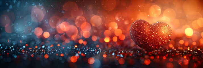 Red hearts with happy valentine's day, visually poetic, light orange and dark brown, bokeh panorama