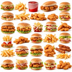 Set of fast food on a white background, hamburger, pizza, hot dog