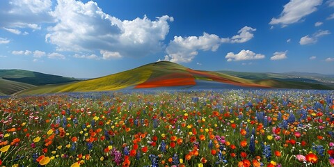 Fototapeta premium A picturesque scene of spring flowers on a rolling hill harmoniously blending hues and shapes. Concept Nature Photography, Spring Blossoms, Colorful Landscapes, Outdoor Beauty, Tranquil Scenes