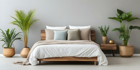 Modern Interior Design: Contemporary Boho Bedroom with White Walls, Plants, Bed, and Pillows. Concept boho bedroom, white walls, plants, bed, pillows, contemporary