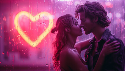 Heart neon glowing , polygonal neon lines style , silhouette couple man and woman hugging each other