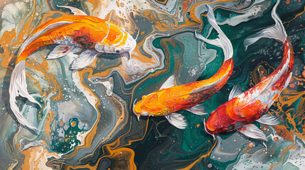 Abstract fluid expression koi fish swimming in water, Asian feng shui illustration, Aesthetics colorful nature inspirational tenderness illustration, oil paint, Wall decoration photo, Generated AI.