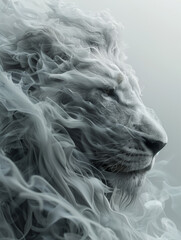 Close-up of a a lion made of smoke, floating in the air, abstract, white and gray, silky as water