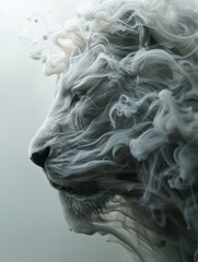 Close-up of a a lion made of smoke, floating in the air, abstract, white and gray, silky as water
