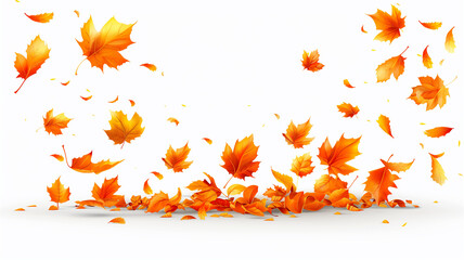 A symphony of autumn hues: A vibrant ballet of falling leaves against a stark white background.