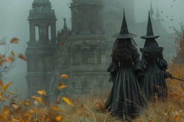 Fototapeta premium Two figures dressed as witches stand in front of a gothic cathedral on a foggy day