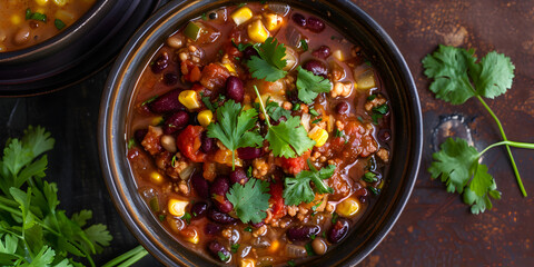 A traditional Caucasian dish lobo of red beans with vegetables and herbs on a tin tray stands on a concrete table Vegetarian stew of beans paprika.