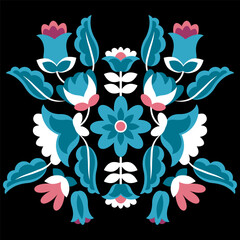 Bright Mexican embroidery of flowers on a black background