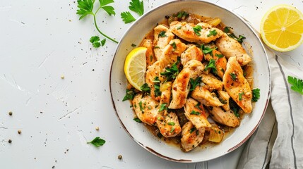 Tasty chicken piccata photographed from above on a white background