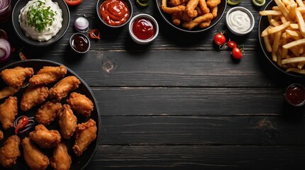 pub appetizers such as chicken wings, onion rings and french fries On a black wooden background. Top view. Free space for your text.