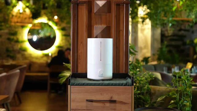 An air purifier is placed on a wooden shelf in a warmly lit restaurant with green plants and cozy ambiance