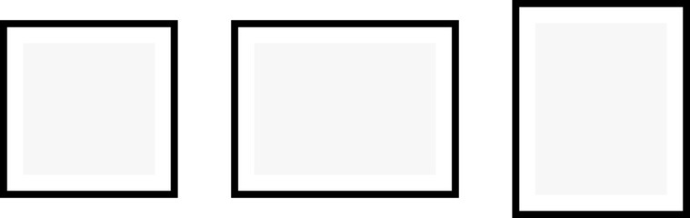 Picture frame mockup black border. Isolated home decoration, photography presentation, blank frame mockups. Black pictures frames mock-up. Vector illustration