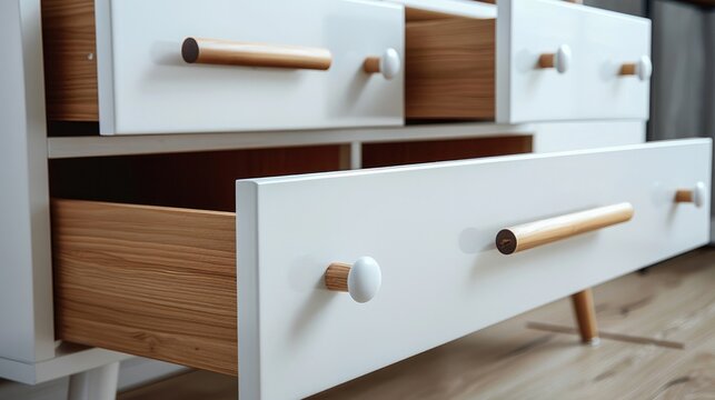 Modern white office commode with wooden handles.

