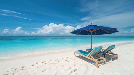 Two lounge chairs with umbrellas on the sand by the beach. Summer vacation, sunbathing and relaxing concept.