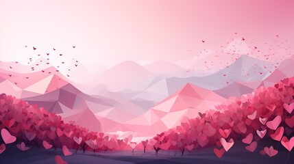 Whimsical Pink Heart Forest with Geometric Mountains in Pastel Sunset
