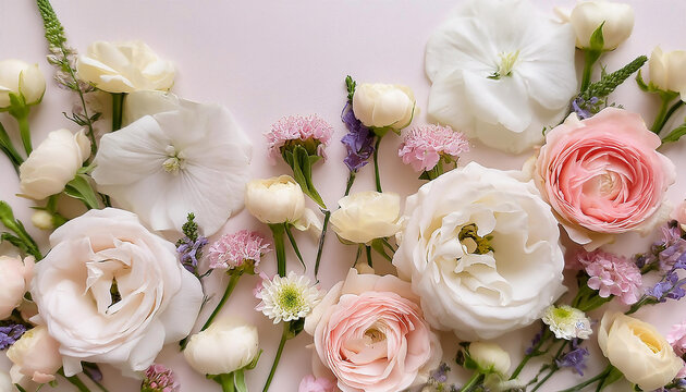 Layout creativo composto da vari fiori. Utilizzare una disposizione "flat lay" con un bouquet dai colori delicati.