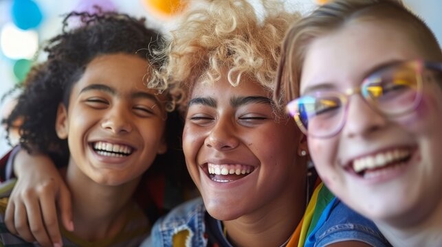 LGBTQ+ youth group having fun and bonding at a community center, positive and supportive environment.