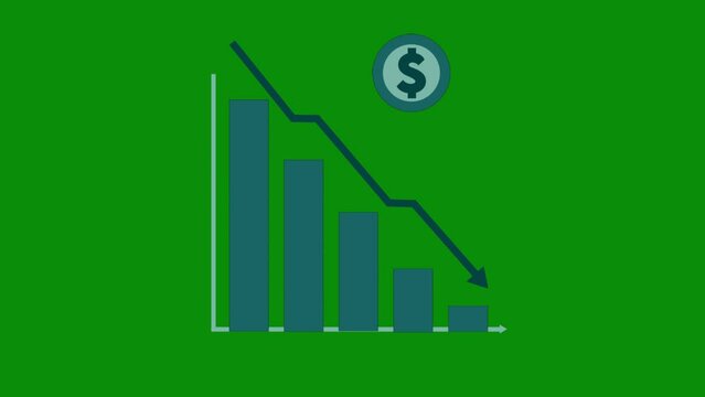 Cyan mint animated financial decline trend line chart, Economic crisis, recession, inflation, decrease graph. Bar chart Profit down. Isolated vector illustration on green screen background. Chroma key