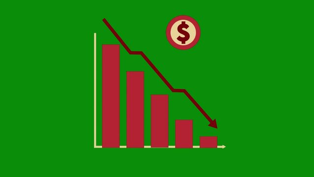 Red animated financial decline trend line chart, Economic crisis, recession, inflation, decrease graph. Bar chart. Profit down. Isolated vector illustration on green screen background. Chroma key