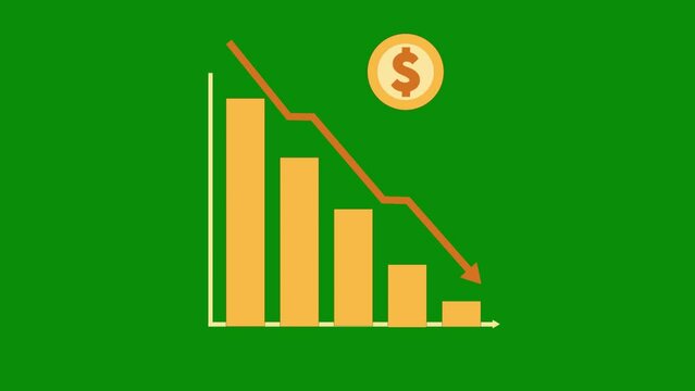 Yellow animated financial decline trend line chart, Economic crisis, recession, inflation, decrease graph. Bar chart. Profit down. Isolated vector illustration on green screen background. Chroma key