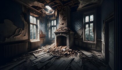An eerie, abandoned house with a partially collapsed ceiling, broken windows, and debris scattered around, creating a haunting atmosphere.