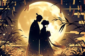 Silhouette of asian couple under full moon with paper ribbons. Tanabata festival concept. Japanese holiday and culture of Japan. Illustration for greeting card, banner, poster