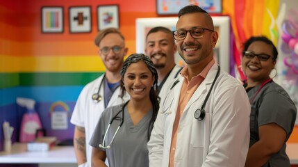 LGBTQ+ health clinic with a welcoming staff, diverse patients, inclusive environment, supportive care, smiling faces, medical professionals, community health, equality in healthcare, safety, respect,