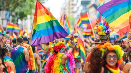 Fototapeta premium Pride parade with a diverse crowd, waving rainbow flags, vibrant costumes, colorful banners, joyful atmosphere, city street, community spirit, celebration, equality, inclusivity, copy space