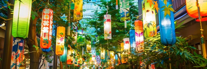 Fototapeta premium Paper lanterns hanging in alley at night. Festive decorations. Tanabata festival concept. Japanese holiday and Japan culture. Design for greeting card, banner, header